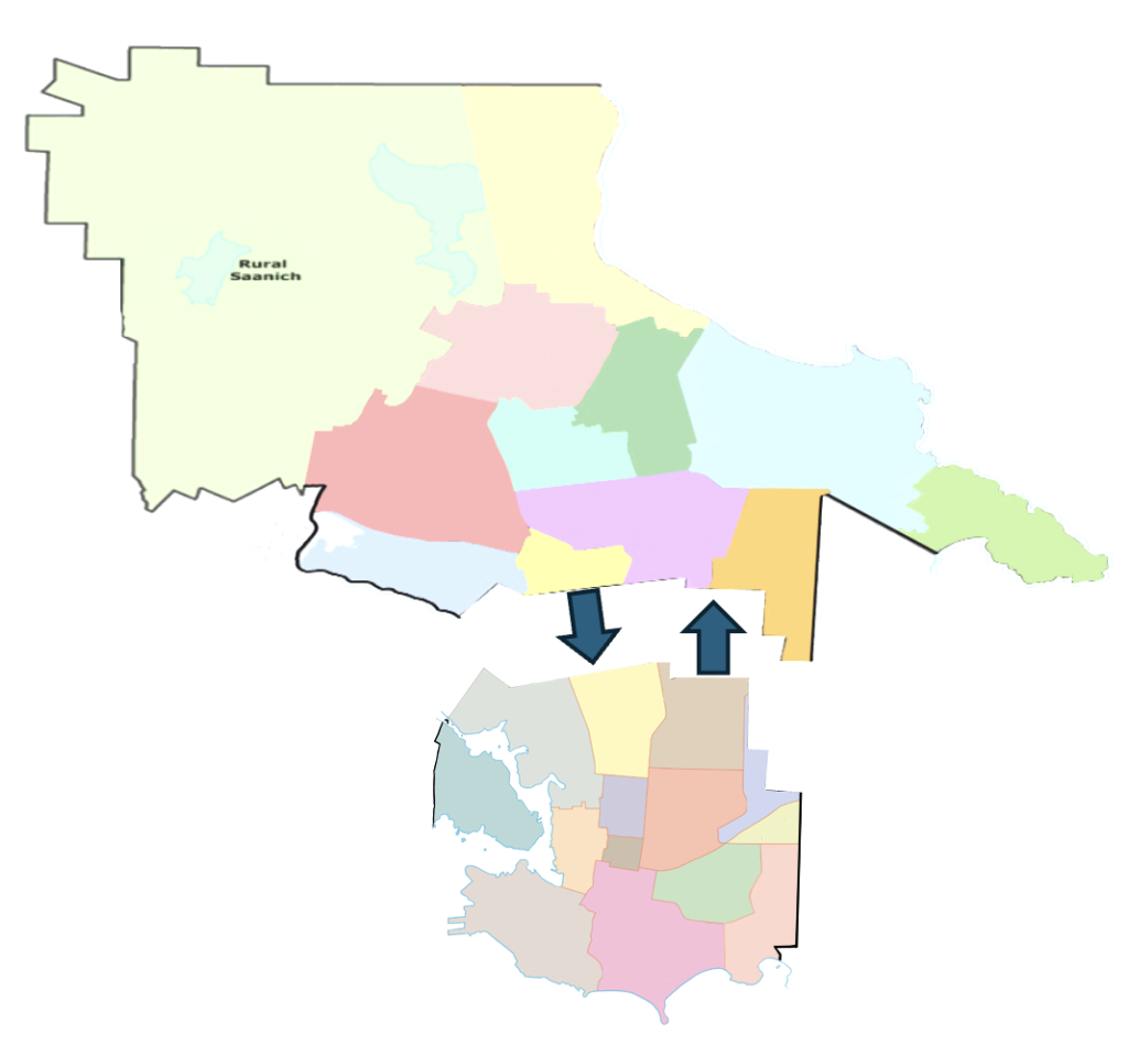 Illustrating a map of Saanich and a map of Victoria moving together into one